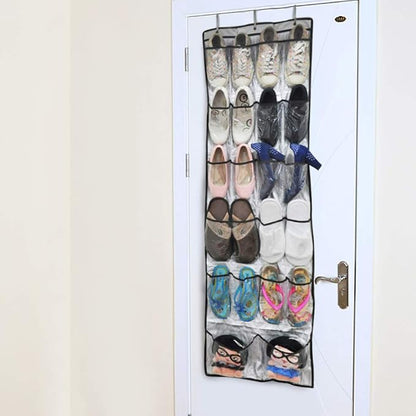 Over the Door Shoe Organizer Rack, Hanging Storage Bag with 22 Pockets, Oxford Cloth Space Saver with Transparent PVC Window for Shoes Toys Stationery, Foldable Door Hanging Organi