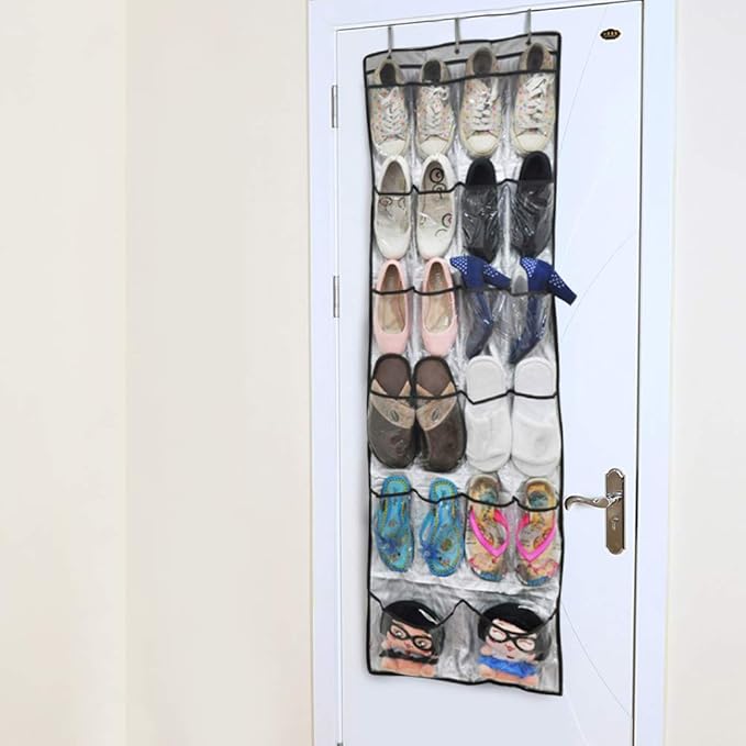 Over the Door Shoe Organizer Rack, Hanging Storage Bag with 22 Pockets, Oxford Cloth Space Saver with Transparent PVC Window for Shoes Toys Small Items
