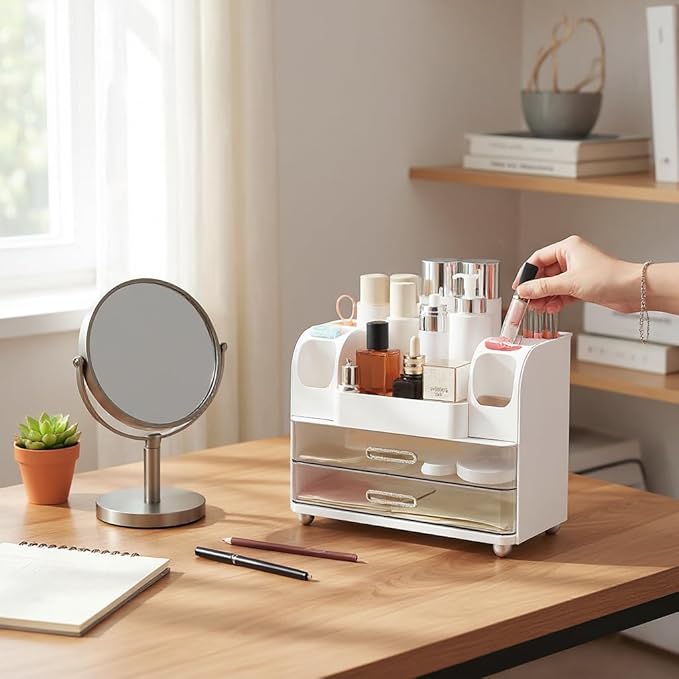 Large Makeup Organizer Countertop with Drawers, Make Up Organizer for Vanity, Makeup Storage Organizer Countertop Makeup Organizers for Skincare, White