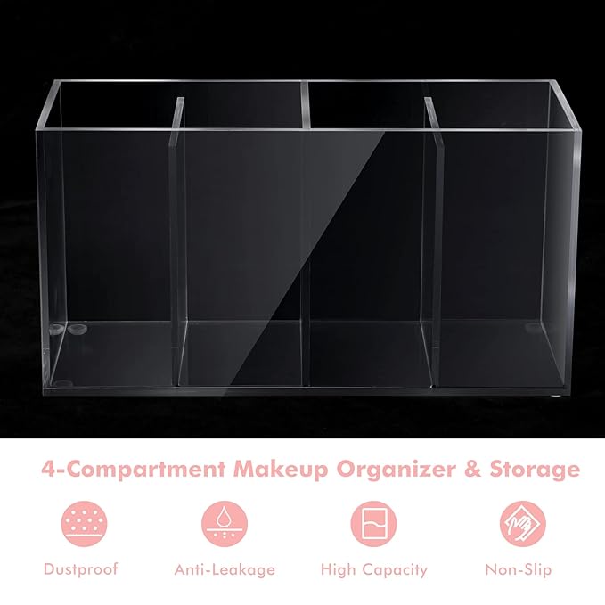 2 Pack 4 Compartment Acrylic Makeup Organizer with Lid Lash Cart Organizer for Lash Techs Bathroom Storage with 4 Tray Eyelash Mascara Brushes Supplies Brush Holder for Cosmetics or Office Supplies