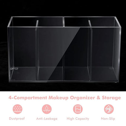 2 Pack 4 Compartment Acrylic Makeup Organizer with Lid Lash Cart Organizer for Lash Techs Bathroom Storage with 4 Tray Eyelash Mascara Brushes Supplies Brush Holder for Cosmetics or Office Supplies