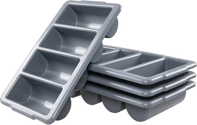 Pack of 4 4-Compartment Restaurant Silverware Organizer Bins, Plastic Commercial Cutlery Holder, Gray