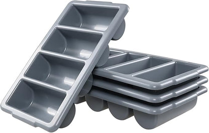 Pack of 4 4-Compartment Restaurant Silverware Organizer Bins, Plastic Commercial Cutlery Holder, Gray