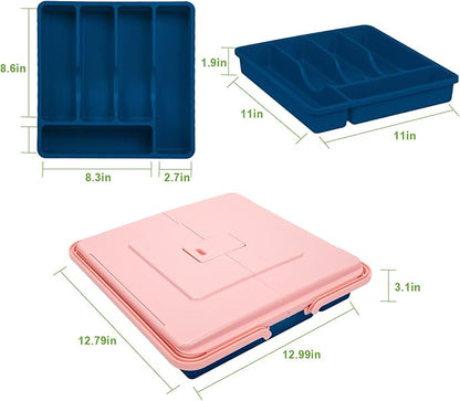 Silverware Organizer with Cover, Portable Cutlery Holder Flatware Tray with Lid Plastic Silverware Storage Box 5 Compartments for Kitchen Drawer (pink)