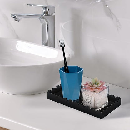 Acrylic Bathroom Vanity Tray 7.9", Soap Dispenser Decorative Scalloped Tray for Bathroom Kitchen Living Room Decor Vanity Perfume, Black