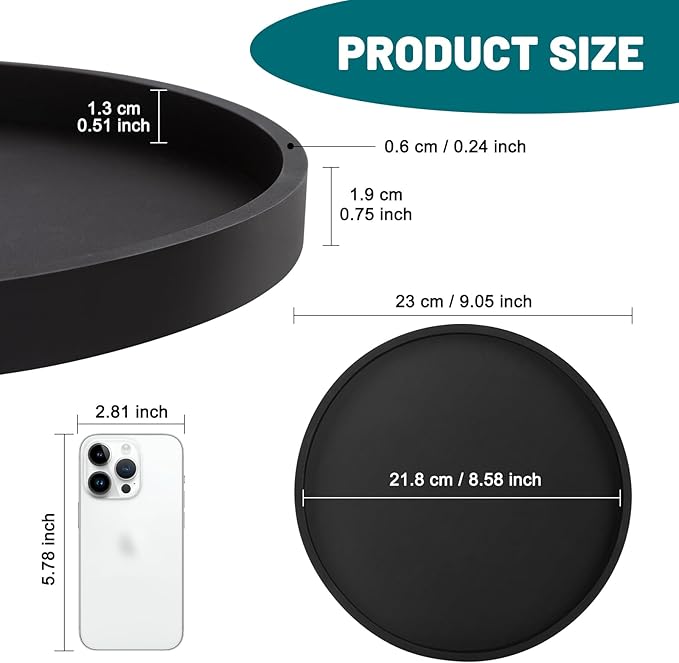 Silicone Bathroom Round Tray Vanity Tray Kitchen Counter Organizer Coffee Table Decor for Candle, Perfume, Jewelry, Trinkets,Hand Soap,Lotion Bottles (9 Inch,Black)