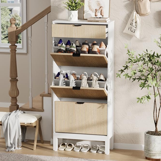 IDEALHOUSE Shoe Storage Cabinet with 3 Flip Drawers, Farmhouse Fluted Shoe Organizer with Metal Legs, Freestanding Hidden Slim Narrow Shoe Rack for Entryway, Foyer, Hallway