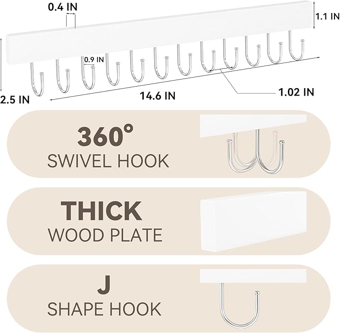 Belt Hanger Wall Mount, Wooden Closet Belt Organizer with 24 Metal Hooks, Large Capacity, White, 2 Pcs