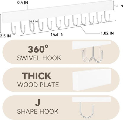 Belt Hanger Wall Mount, Wooden Closet Belt Organizer with 24 Metal Hooks, Large Capacity, White, 2 Pcs