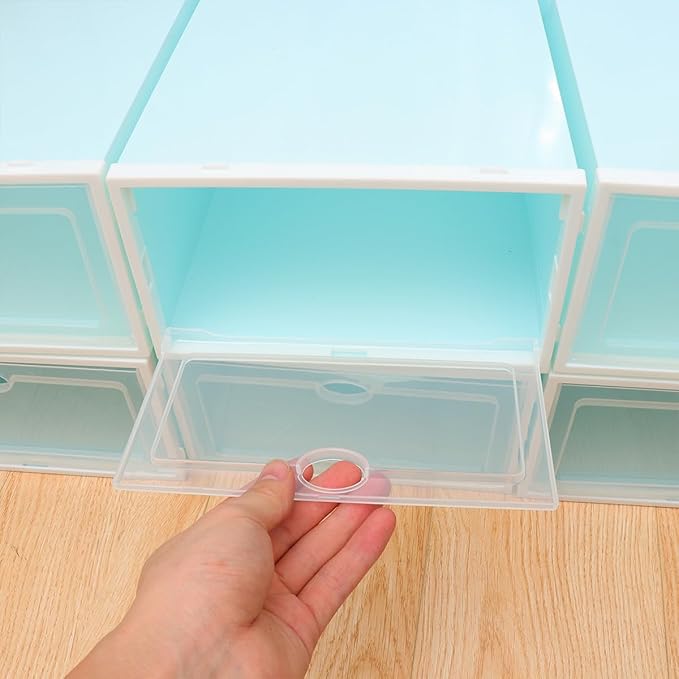 Stackable Shoe Boxes for Women, Thickened Plastic Shoe Storage Containers with White Frame Blue Lid, 6pcs Sturdy Organizer for Closet and Sneaker Storage