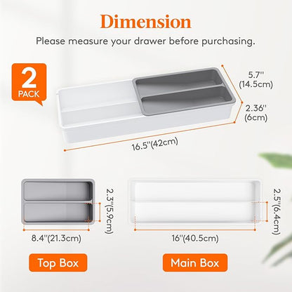 Lifewit Compact Silverware Organizer for Kitchen Drawer, Narrow Flatware Tray Holder, Plastic Cutlery Spoons, Forks and Knives Storage, White&Gray, 2 Pack