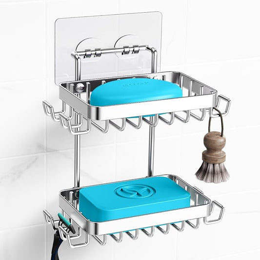 Nieifi Adhesive 2 Tier Bar Soap Holder, Stainless Steel for Shower Wall, Soap Dish for Bathroom, Silver