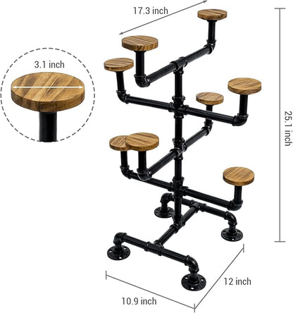MyGift Hat Display Stand, Cowboy Hat Holder Rack with 8 Round Rustic Burnt Solid Wood Hangers, Countertop Retail Display Stand for Baseball Cap or Wig, Industrial Black Metal Pipe