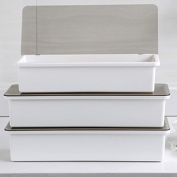 Large Flatware Tray Kitchen Drawer Organizer With Lid And Drainer - Plastic Kitchen Cutlery Tray and Utensil Storage Container with Cover - Dinnerware Holder White