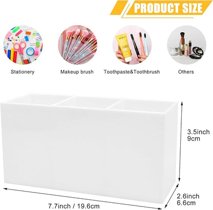 Cerpourt White Makeup Brush Organizer,Acrylic Cosmetic Brushes Storage Holder with 3 Slots,Pencil Pen Holder for Desk,Desk Organizer and Accessories for Vanity