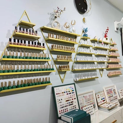 Elegant Wall Mounted Nail Polish Storage Rack Set of 10 Triangular Cosmetic Display Shelves for Essential Oil Bottles, Organize Your Lipsticks and Perfumes in Style at Home or Salon (Gold)