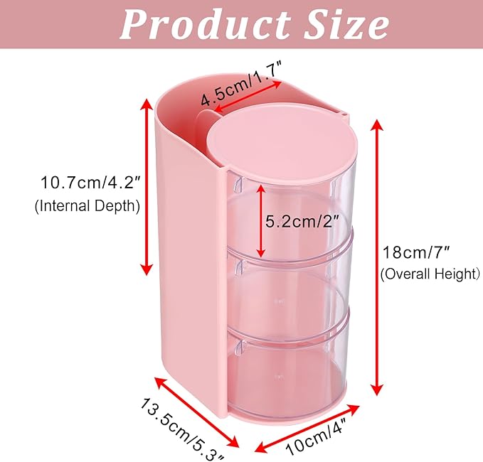 Hair Accessories Organizer with Hair Brush Holder Spinning Cosmetic Storage Case for Makeup Sponge Plastic Desktop Organizer, 3-Layer Pink