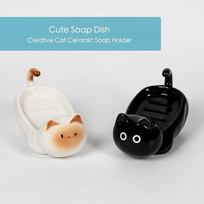 Ceramic Cute Cat Soap Dish, Self-Draining Bar Soap Holder for Shower, Decorative Soap Tray for Bathroom Sink Kitchen Counter, Easy Clean Soap Saver Tray (Black)