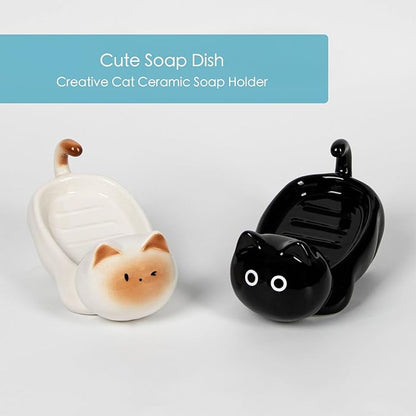 Ceramic Cute Cat Soap Dish, Self-Draining Bar Soap Holder for Shower, Decorative Soap Tray for Bathroom Sink Kitchen Counter, Easy Clean Soap Saver Tray(White)