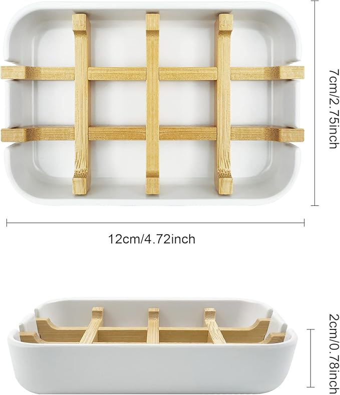 2 Pack Bamboo Soap Dish, Self-Draining Soap Box, Wooden Bamboo Bar Soap Holder for Shower, Bathroom, Kitchen, Bathtub, Bar Sink (White)