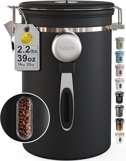 Veken Large Coffee Canister with Window, Kitchen Food Storage Airtight Stainless Steel Container for 2.2lbs Coffee Beans, Grounds, Rice,Tea, Flour, Cereal, Sugar Jars,Date Tracker and Scoop 39oz,Black