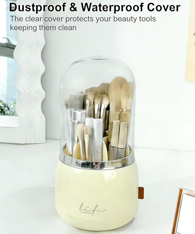 360 Rotating Makeup Brush Holder with Lid Clear Dustproof Make Up Organizers for Vanity Countertop Includes a Foldable Bowl for Cleaning Makeup Brush Transparent Dustproof(Beige)