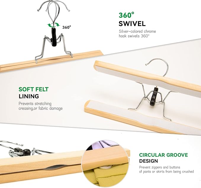 Nature Smile Wooden Pants Skirt Hangers, Smooth Finish Solid Wood Non Slip Jeans Slack Clamp Hangers Hair Extension Hangers(20Pcs Natural)…