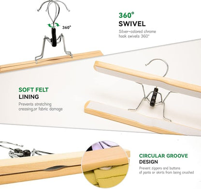 Nature Smile Wooden Pants Skirt Hangers, Smooth Finish Solid Wood Non Slip Jeans Slack Clamp Hangers Hair Extension Hangers (10 Pack Natural)…
