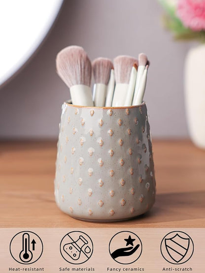 Ceramic Makeup Brush Holders, Farmhouse Bathroom Vanity and Countertop, Brushes Cup for Bathroom Cosmetics, Lipsticks, Vanity Desktop Storage (Vintage Grey)