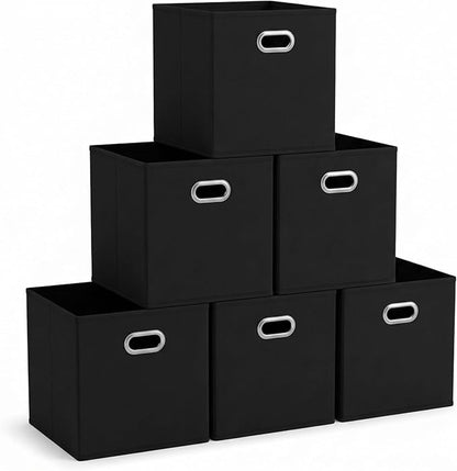 Household Essentials Foldable Fabric Storage Bins 6 Piece Set, Strong Poly-Woven Fabric, Sturdy Chipboard Sides, Grommet Front Handle, Stackable and Foldable, Classic Design, Black