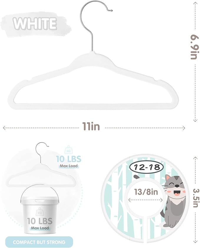 VIS'V Baby Hangers, 11 Inch Velvet Kids Hangers with 6 Pcs Clothes Size Dividers, Infant Toddler Nursery Closet Organization, Non Slip, White, 30 Pcs