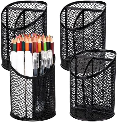 Nicunom 4 Pack Pen Holder Mesh Pencil Holder Round Pen Cup for Desk, 3 Compartments Desktop Pencil Organizer for Office Home School, Black by Nicunom