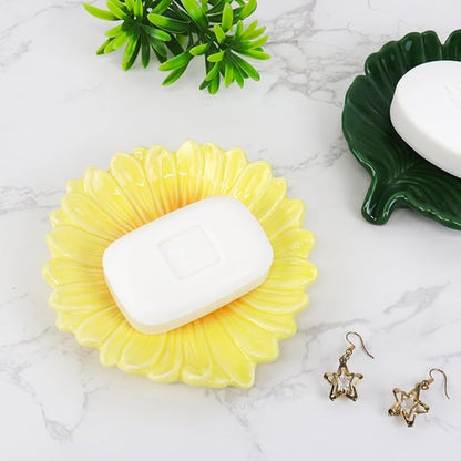 Self Draining Soap Dish Inspired by Daisy Flower Ceramic Waterfall Soap Dish Soap Savers for Bathroom,Shower,Bar Counter