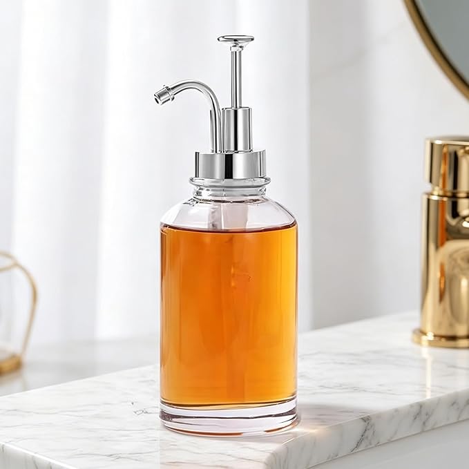 Asixxsix Coffee Syrup Dispenser, 500ml Clear Thickened Glass Soap Dispenser Bottle with PP Press Pump, High and Low Temperature Proof, Syrup Containers for Maple Honey (Silver Pump Head)