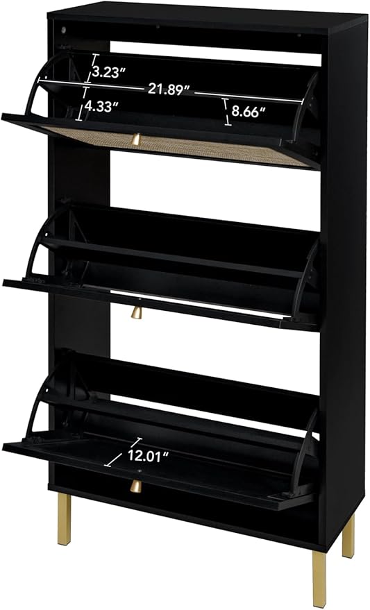 ZeHuoGe Rattan Shoe Cabinet with 3 Flip Drawers, Narrow Hidden Shoe Rack Storage Cabinet for Heels, Slippers, Entrance Hallway Entryway (Black)