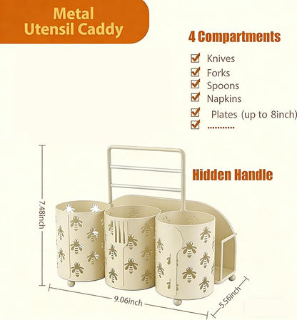 NelyBet Bee Utensil Caddy Silverware Holder Fork Spoon Napkin Paper Plate Organizer Metal Cutlery Flatware Organizer for Party Kitchen Countertop Camping Picnic - Cream White