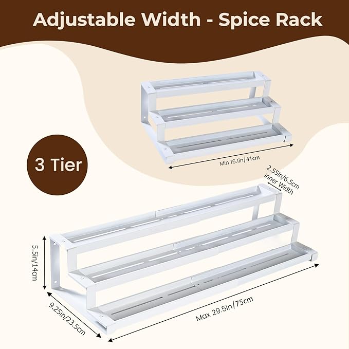 3-Tier Spice Rack Organizer for Kitchen Cabinet or Pantry, 16"-29" Expandable Spice Organization Shelf, Seasoning Organizer, Metal Display Shelf, Slip-Resistant Design for Jars and Bottles, White
