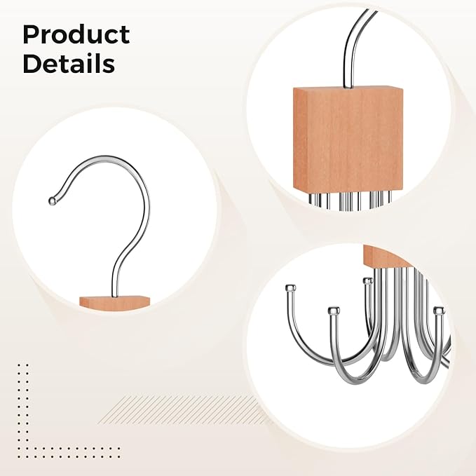 6-Pack Rotating Tie Hanger with 6 Hooks, Wooden Block with Stainless Steel Hooks for Scarves, Hats, Bags, Compact and Foldable