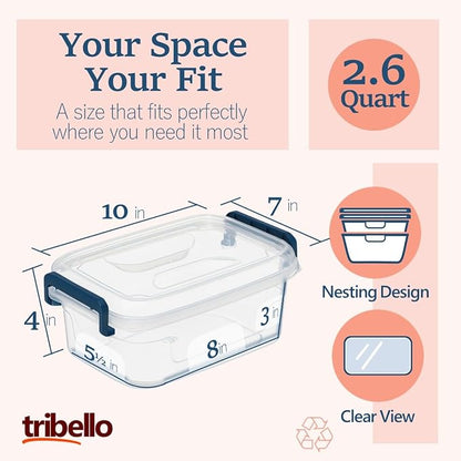 Tribello Plastic Small Storage Bins with Lids, Clear Stackable Storage Containers 2.5Q - 4 Pack