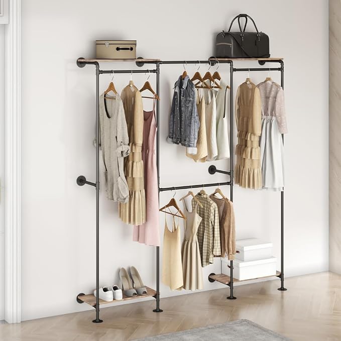 KaKaBB Industrial Pipe Clothing Rack, Wall Mounted Clothing Rack for Hanging Clothes, Adjustable L Shape Corner Clothes Rack with Shelves, Closet System for Walk in Closets(BLACK)