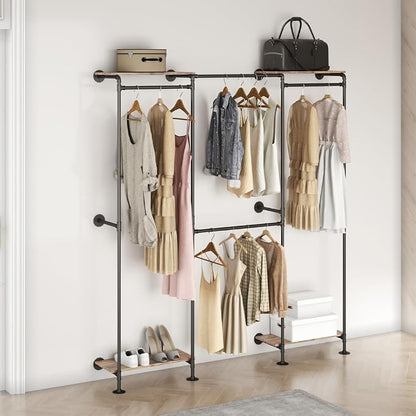 KaKaBB Industrial Pipe Clothing Rack, Wall Mounted Clothing Rack for Hanging Clothes, Adjustable L Shape Corner Clothes Rack with Shelves, Closet System for Walk in Closets(BLACK)