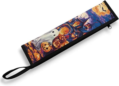 COEQINE Halloween Ghost Themes Portable Utensil Caddy Case with Keychain Small Foldable Pouch Knife Fork Spoon Organizer Holder for Picnic Outdoor