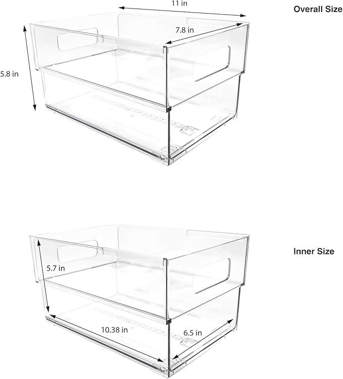 Isaac Jacobs 2-Pack Clear Expandable Storage Bins - Large, 11"-19" L x 7.8" W x 5.8" H, Plastic Organizer with Cut-Out Handles, Adjustable Length from 11-19" for Home, Kitchen & Office