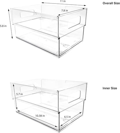 Isaac Jacobs 2-Pack Clear Expandable Storage Bins - Large, 11"-19" L x 7.8" W x 5.8" H, Plastic Organizer with Cut-Out Handles, Adjustable Length from 11-19" for Home, Kitchen & Office