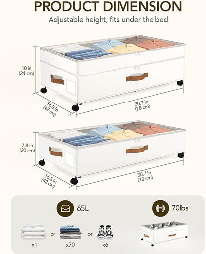 Under Bed Storage with Wheels, 10 inches Under Bed Storage Containers, 65L XXL Large Adjustable Underbed with Lids, Rolling Underbed Storage bins for Shoes, Clothes, Blankets, White