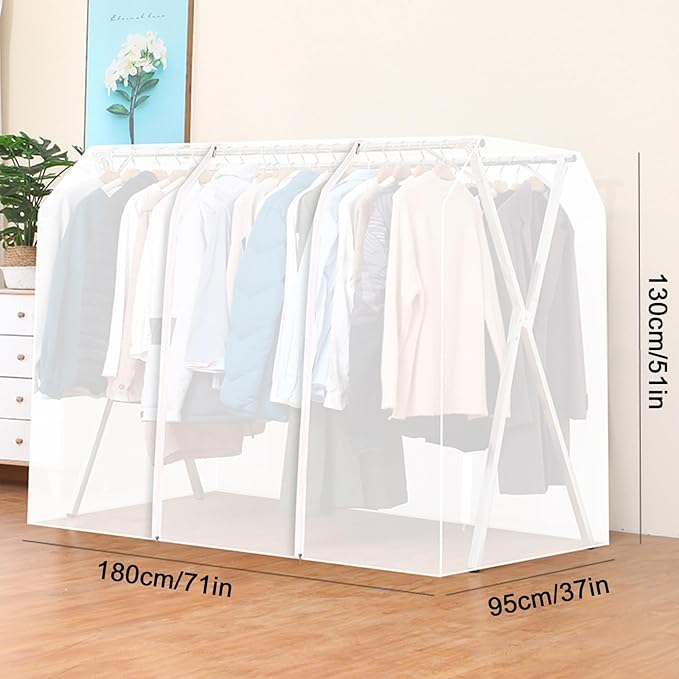 Clothes Rack Cover with Zipper, Dustproof Clothes Cover with 2 Durable Zipper Clothing Waterproof Protector, Designed for X-Type Coat Racks(White,180x130x95cm/71x51x37in)