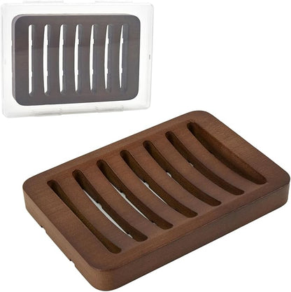 Slotted Bar Wood Soap Dish Self Draining, Wooden Sponge Holder, 1 Pack Curved Slotted Bamboo Soap Dish with Drainage for Shower, Bathroom, Kitchen, Sink, Travel, Packed in A Box (Dark Brown)