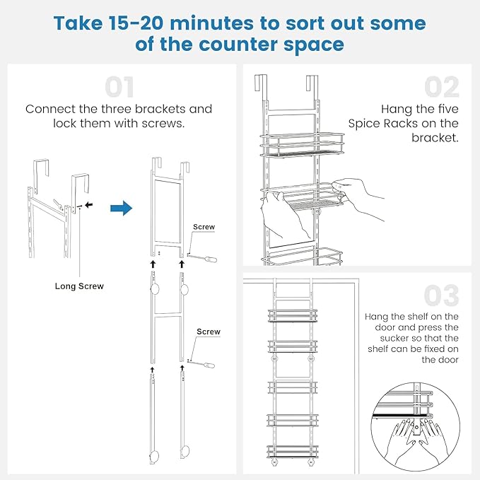5-Tier Over the Door Pantry Organizer,Cabinet Door Organizer,Kitchen Pantry Door Organizers and Storage,Over the Door Spice Rack,Behind the Door Storage,Door Hanging Organizer,Black