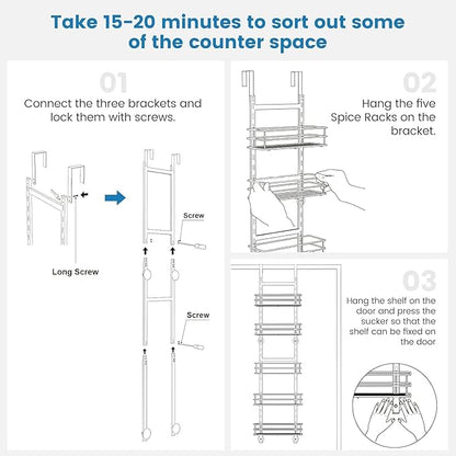 5-Tier Over the Door Pantry Organizer,Cabinet Door Organizer,Kitchen Pantry Door Organizers and Storage,Over the Door Spice Rack,Behind the Door Storage,Door Hanging Organizer,Black