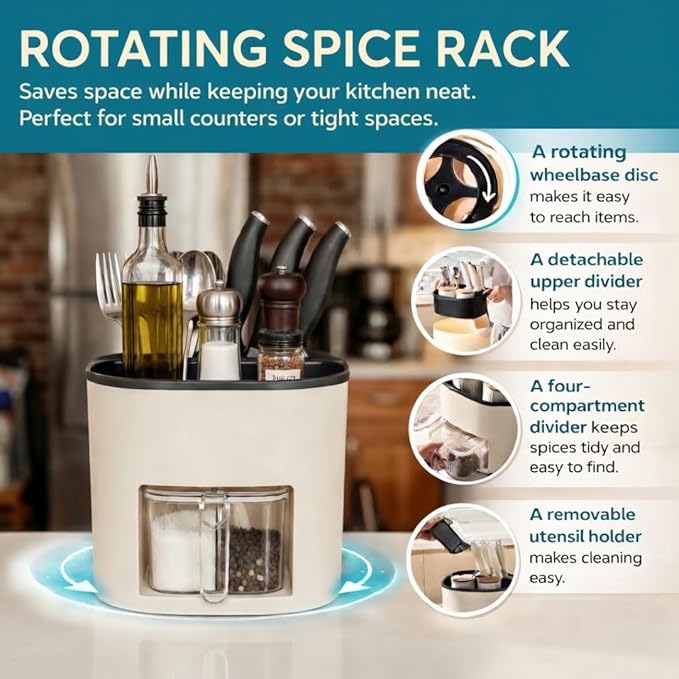 Rotating Kitchen Organizer, Cooking Utensil Holder for Countertop, Seasoning Organizer and Condiment Caddy with Knife Organizer and Spice Containers